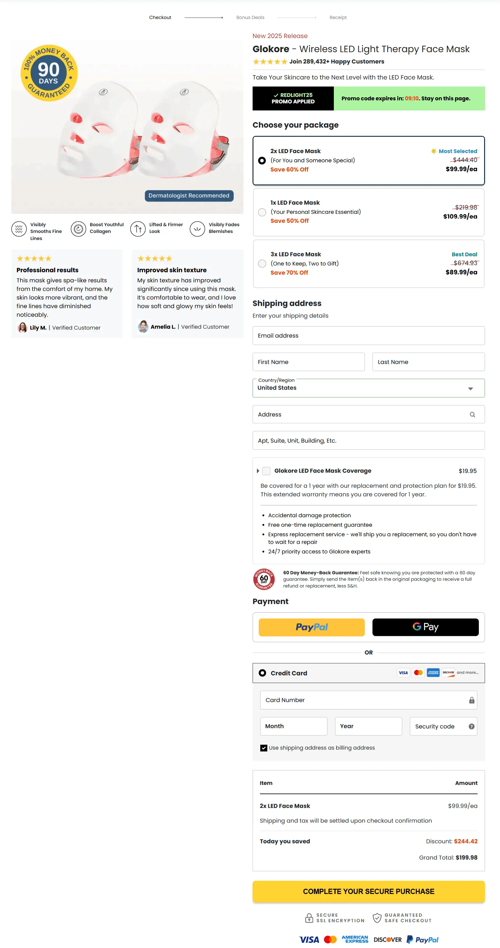 Glokore LED Mask secure checkout page